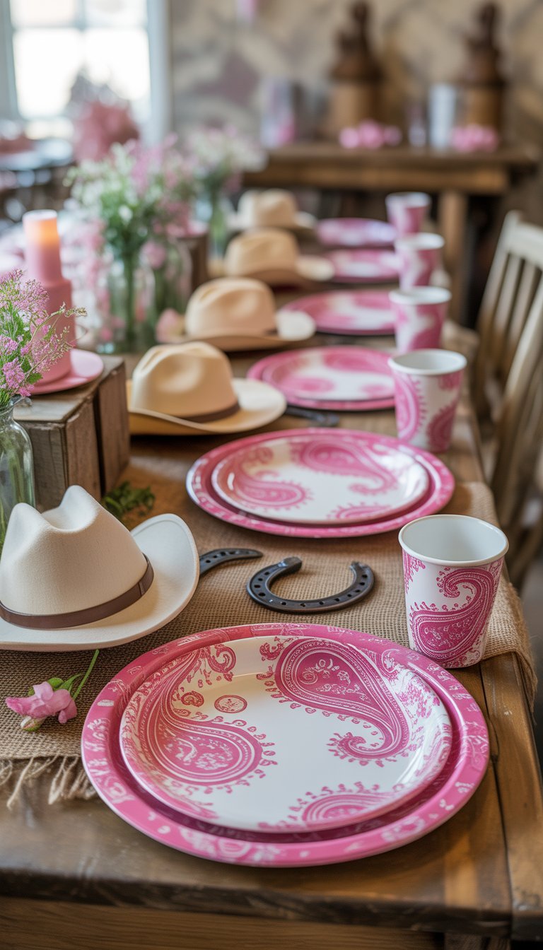 A baby shower table set with pink paisley plates, cups, napkins, and cowgirl-themed decorations including small cowboy hats and wildflower centerpieces on a wooden table.